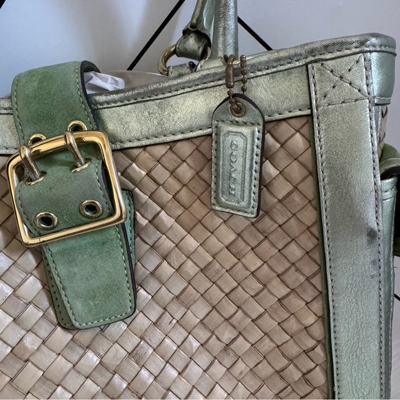 Coach Metallic Green and Tan Woven Satchel - Picture 2 of 16
